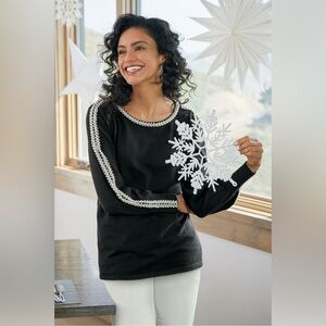 Wool Blend Soft Surroundings Heidi Faux Pearl Long Sleeve Sweater Black L